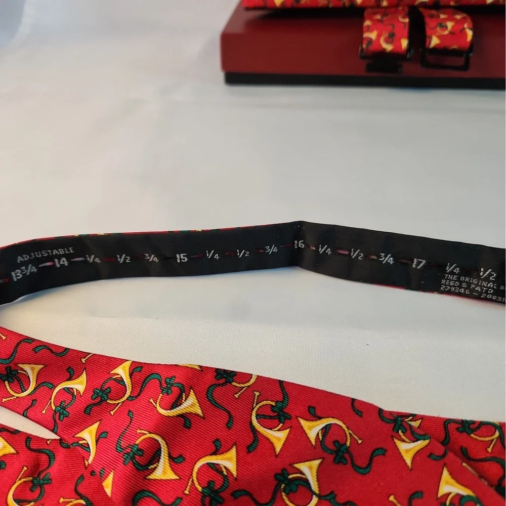 NIB Vintage Alynn USA Silk Cummerbund Bow Tie Set French Horn Music Red Tuxedo